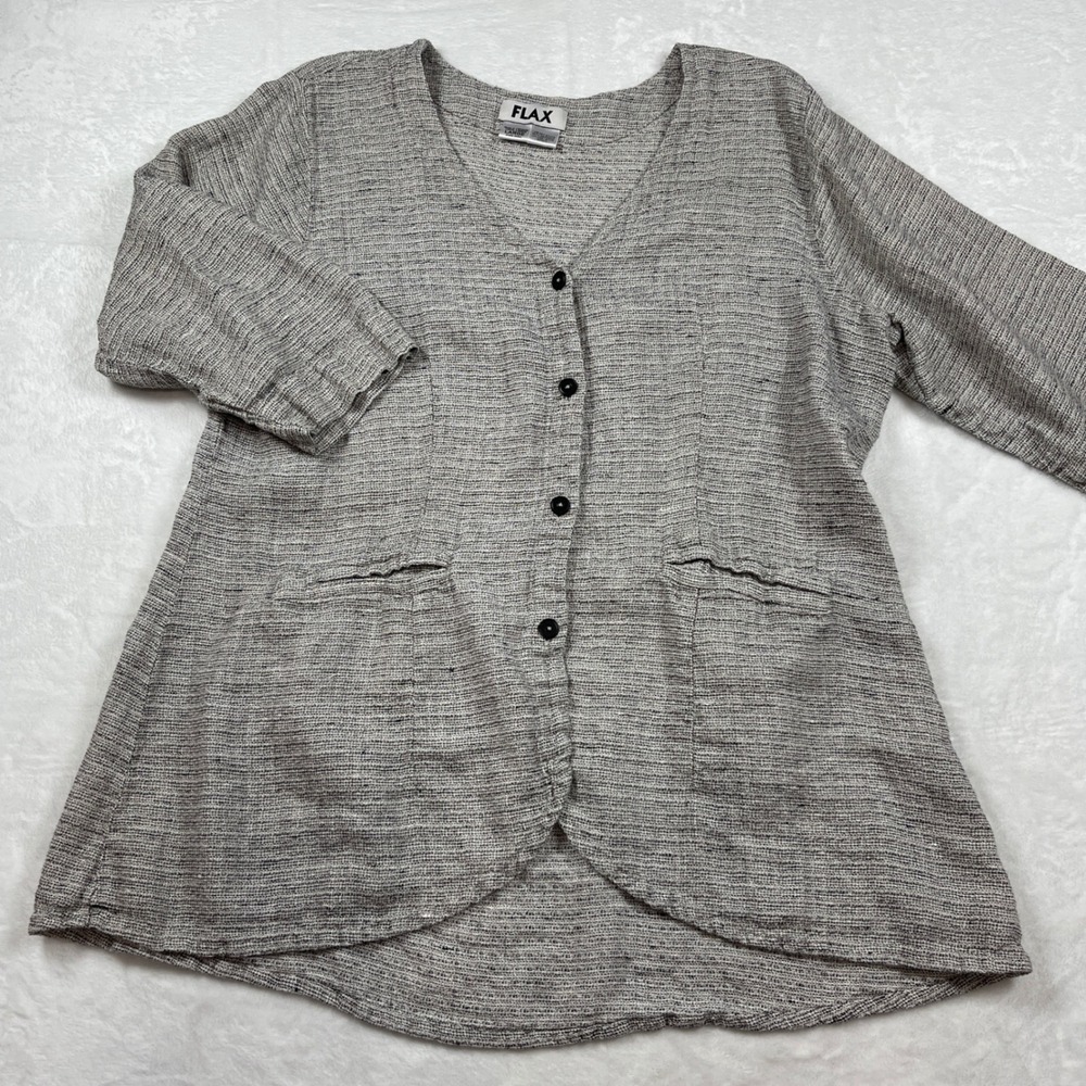FLAX Womens Gray 100% Linen Button Front Tunic Top 3/4 Sleeve Size Large Coastal